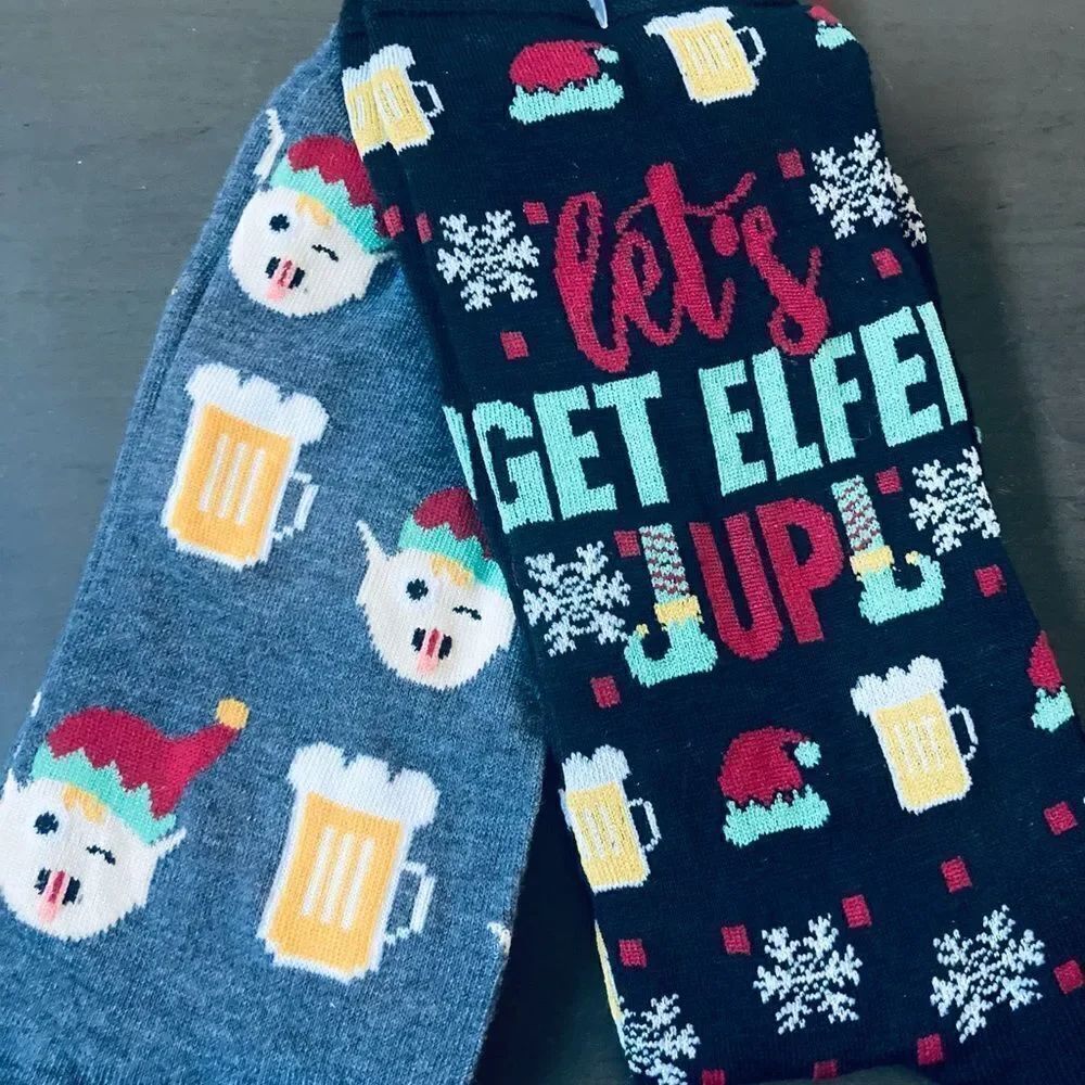 NWT 2-pk Let’s Get Elfed Up Elf Beer Holiday Christmas Fun Socks